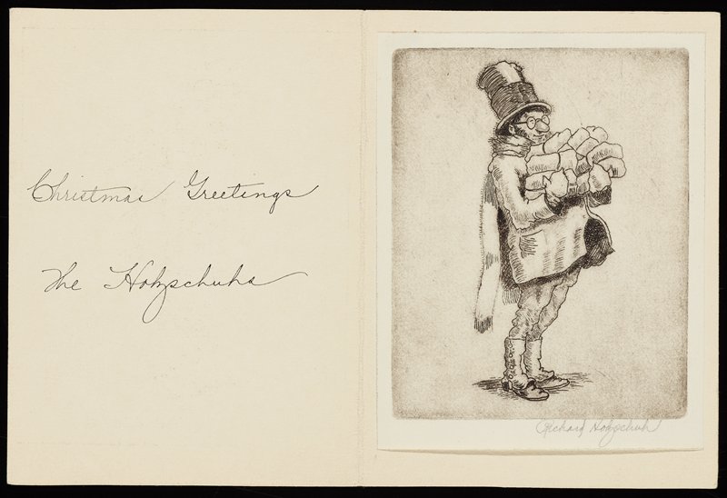 Christmas card with tipped-in print of man in scarf with small bundles, Richard Holzschuh, 20th century