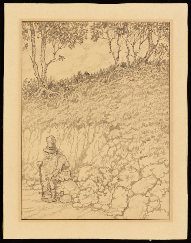 Untitled [figure with cane and small sack in landscape], Richard Holzschuh, 20th century