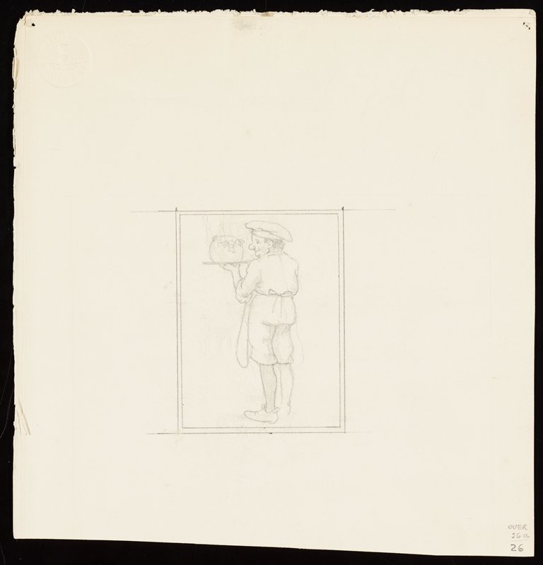 Untitled, recto and verso [baker with steaming pudding, recto; portrait of a heavy-set man in a coat, verso], Richard Holzschuh, 20th century