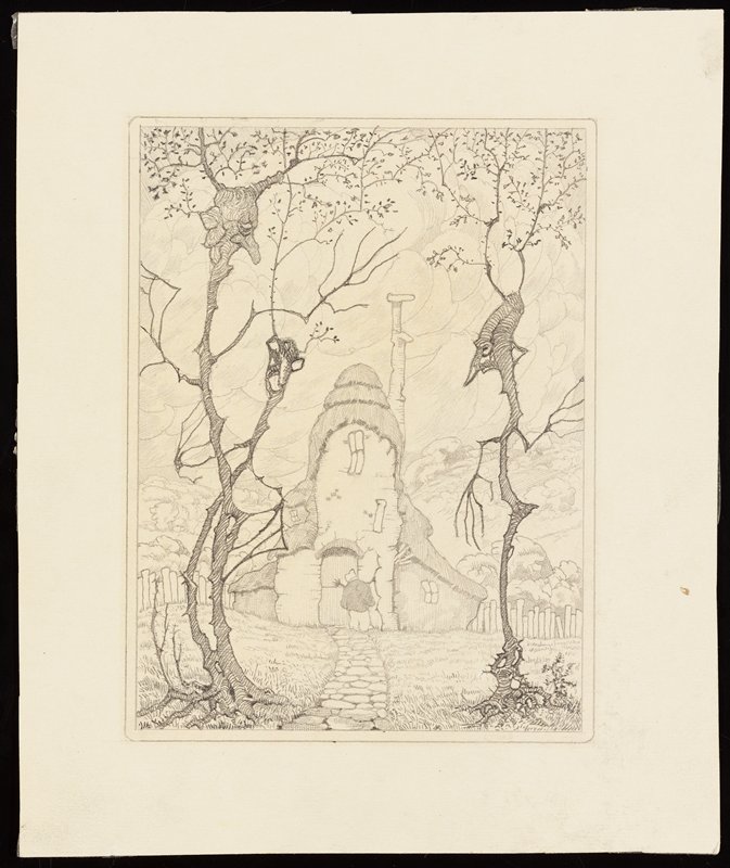 Untitled [three personified trees and cottage], Richard Holzschuh, 20th century