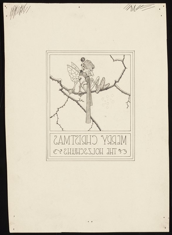 Christmas card illustration with winged elf on branch (in reverse), Richard Holzschuh, 20th century