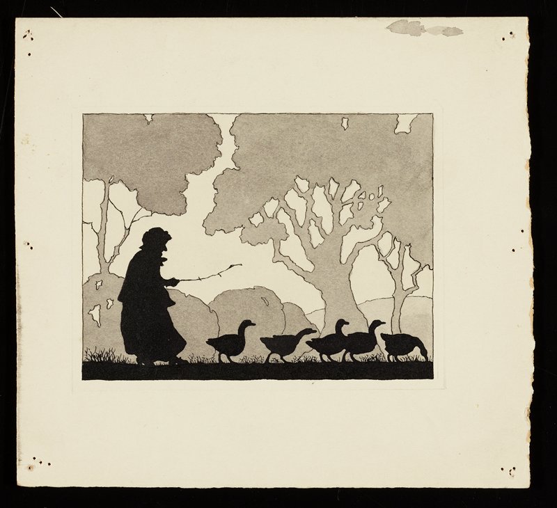 Untitled [silhouette of old woman and five geese, recto; mushroom cottage and fantastic figure studies, verso], Richard Holzschuh, 20th century