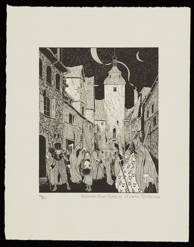 Untitled [couple on night street surrounded by ghosts and fantastic figures], Richard Holzschuh, 20th century
