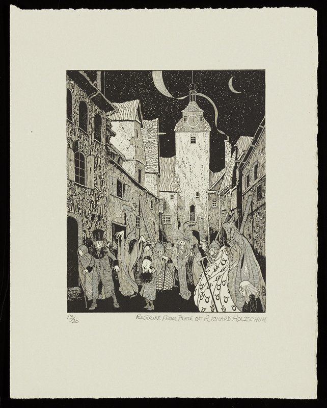 Untitled [couple on night street surrounded by ghosts and fantastic figures], Richard Holzschuh, 20th century