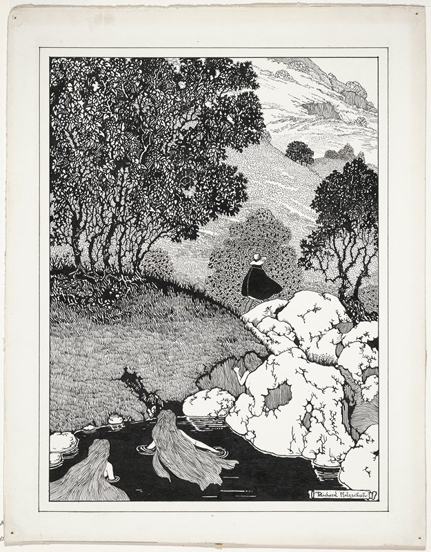 Untitled [three women swimmers watching walking man], Richard Holzschuh, 20th century