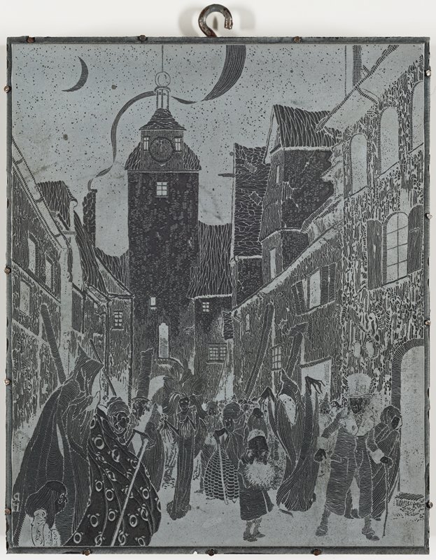 Printing plate for image of couple on night street surrounded by ghouls, Richard Holzschuh, 20th century