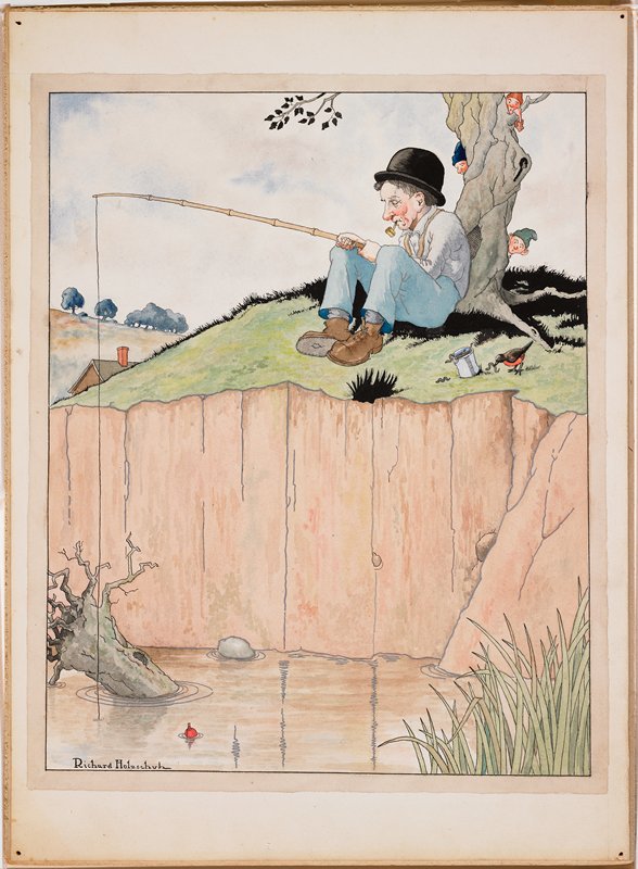 Untitled [sleeping fisherman with three elves], Richard Holzschuh, 20th century