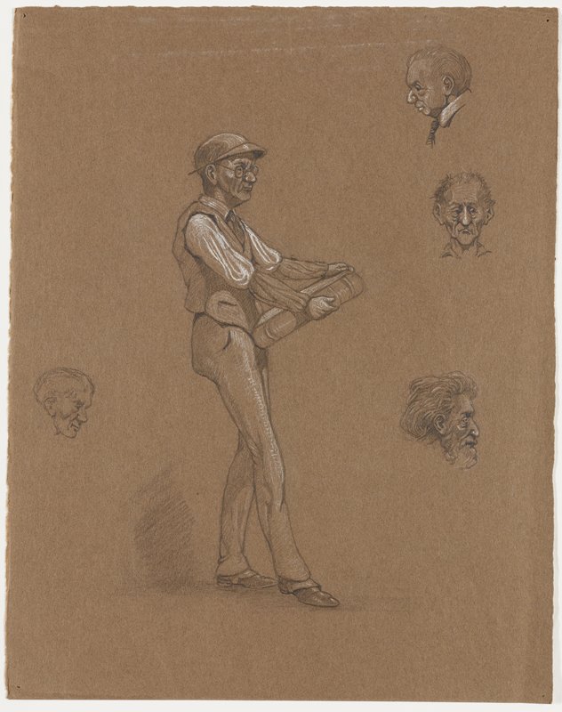 Untitled [study of a man with a large book and head studies], Richard Holzschuh, 20th century