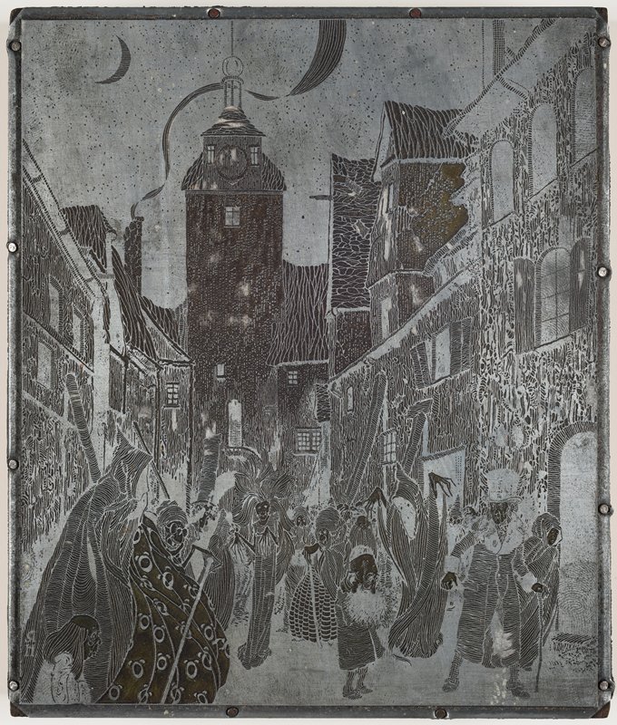 Printing plate for image of couple on night street surrounded by ghouls, Richard Holzschuh, 20th century