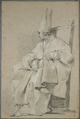 Dokumentasi “Study of a Seated Model Wearing a Bishop's Chasuble and Mitre”; Black and white chalk on gray paper. Minneapolis Institute of Art.