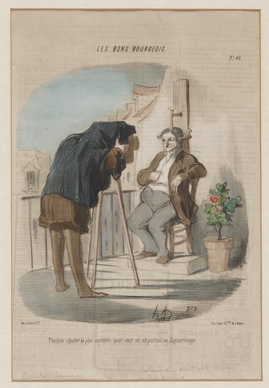 Position réputée la plus commode pour avoir un joli portrait au Daguerréotype. (Les Bons Bourgeois No. 49), from Le Charivari