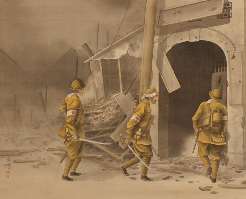 Soldiers Entering a Building, Yamamoto Shōkoku, mid 20th century