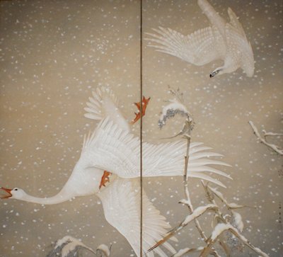 Gyrfalcon Hunting a Swan in Snow, Fukuda Suikō, 1928