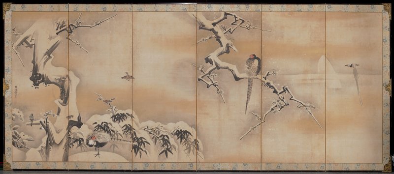 Birds in Landscape [left of a pair], Kano Naonobu, first half 17th century