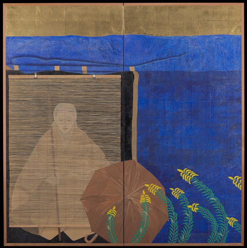 Blue Sheet and Yellow Flowers [left of a pair], Yamamoto Tarō, 2008