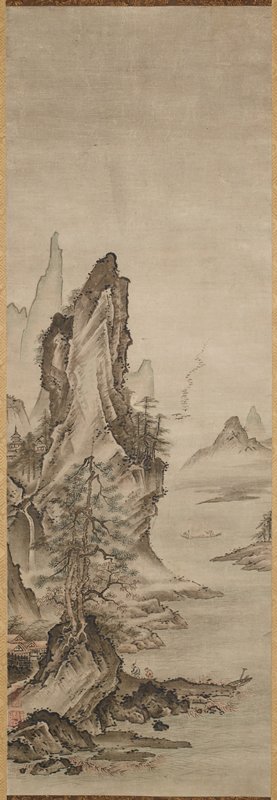 Landscape [left of a triptych of White-Robed Kannon with Landscapes], attributed to Kenkō Shōkei, late 15th century
