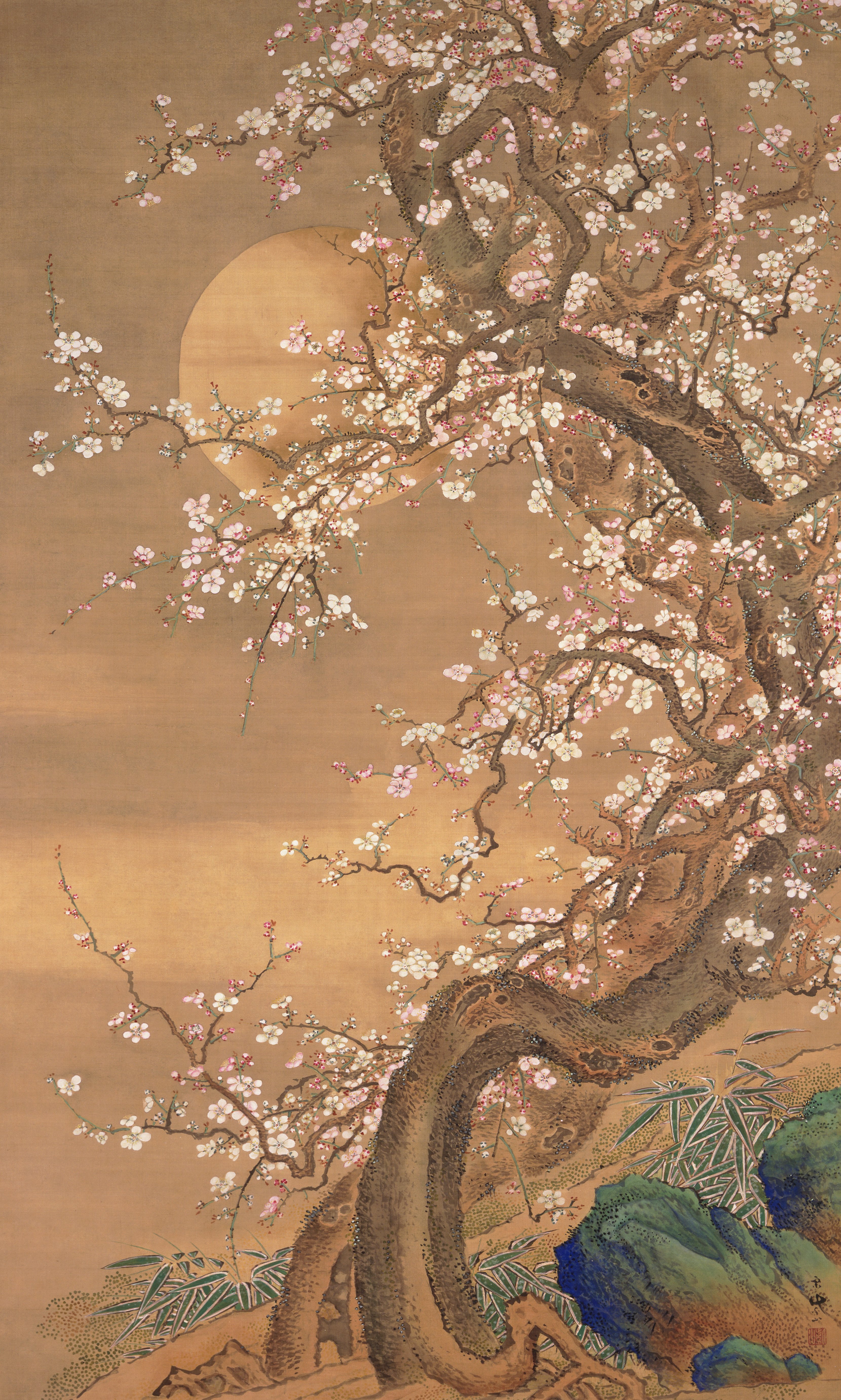 Pink and White Plum Blossoms in Moonlight, Sō Shizan | Mia