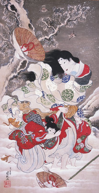 Lady Tokiwa Fleeing with Children, Utagawa Kunitsugu, 1850s
