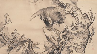 Dokumentasi “Eagle Threatening Monkeys”; Hanging scroll, ink on paper. Minneapolis Institute of Art.