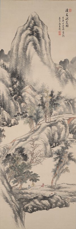 Autumn Landscape with Three Scholars by a River Tasting tea with water of a mountain torrent, Okada Hankō, first half 19th century