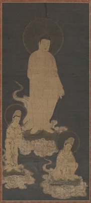 Dokumentasi “Welcoming Descent of the Amida Buddha Triad”; Hanging scroll, ink, color, and gold on silk. Minneapolis Institute of Art.