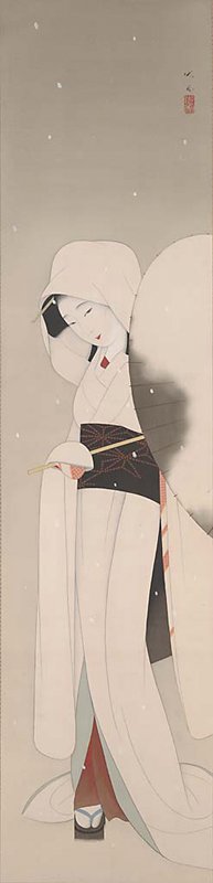 Woman with Parasol in Falling Snow, Mori Ippo, 1820s–1830s