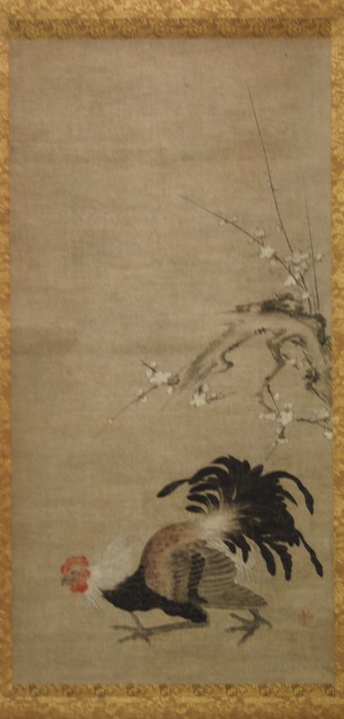 Roosters in Face Off [right of a pair], attributed to Kano Yukinobu, late 16th century