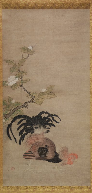 Roosters in Face Off [left of a pair], attributed to Kano Yukinobu, late 16th century