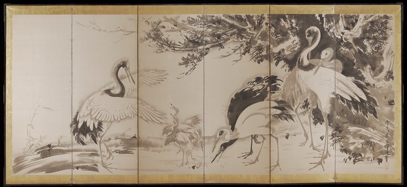 Cranes and Waves [right of a pair], Soga Shōhaku, 1760s