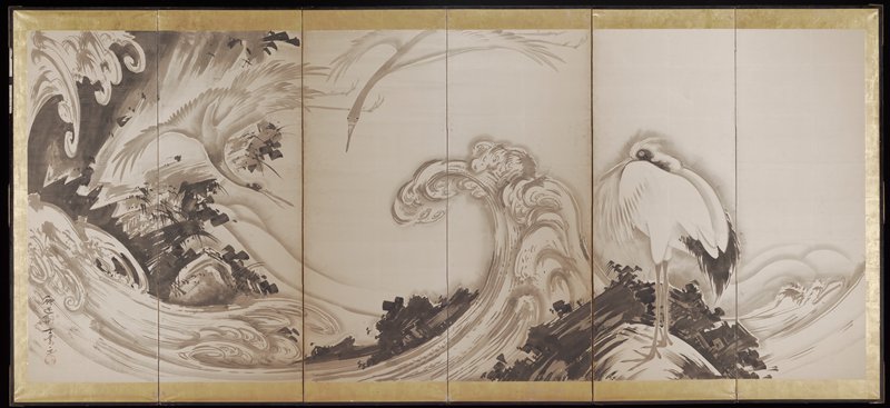Cranes and Waves [left of a pair], Soga Shōhaku, 1760s