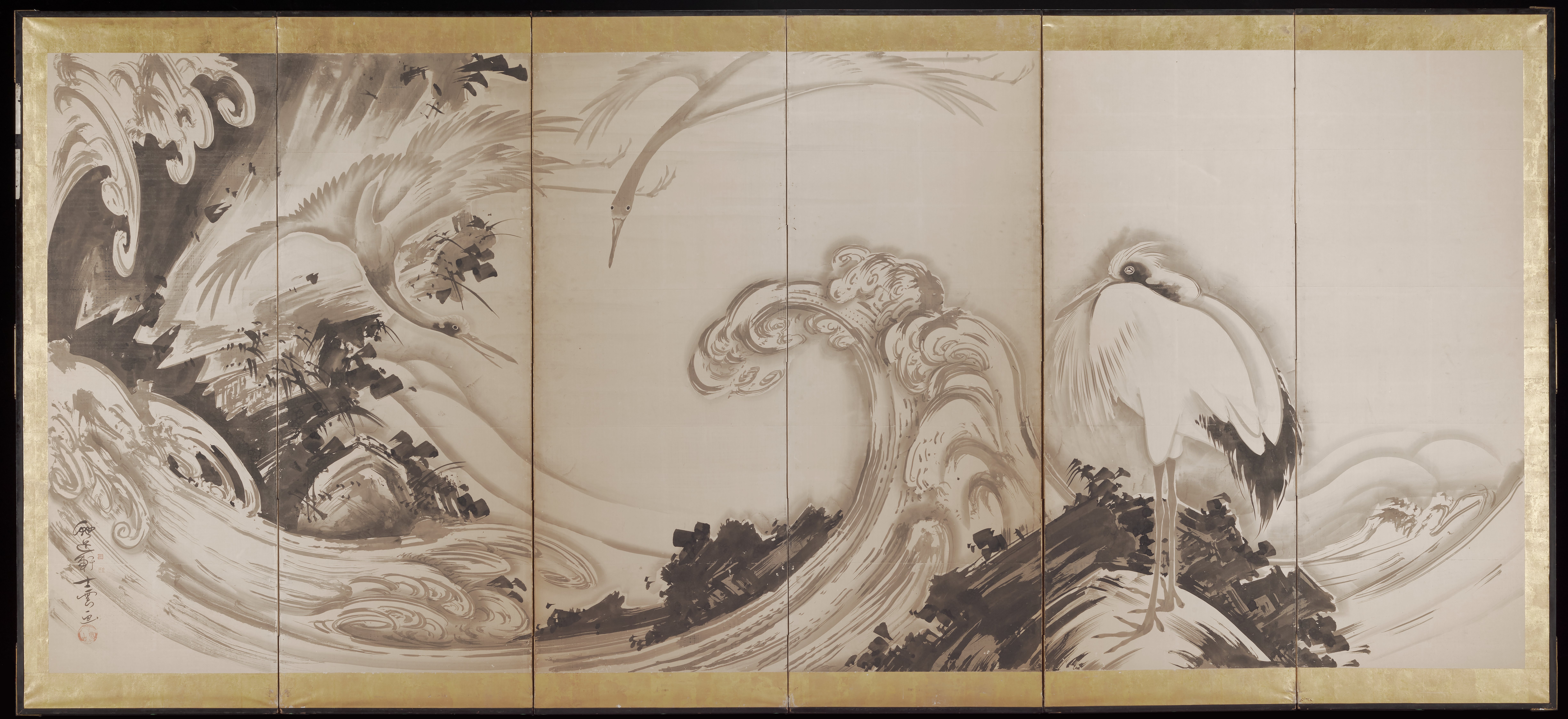 Cranes and Waves [left of a pair], Soga Shōhaku | Mia