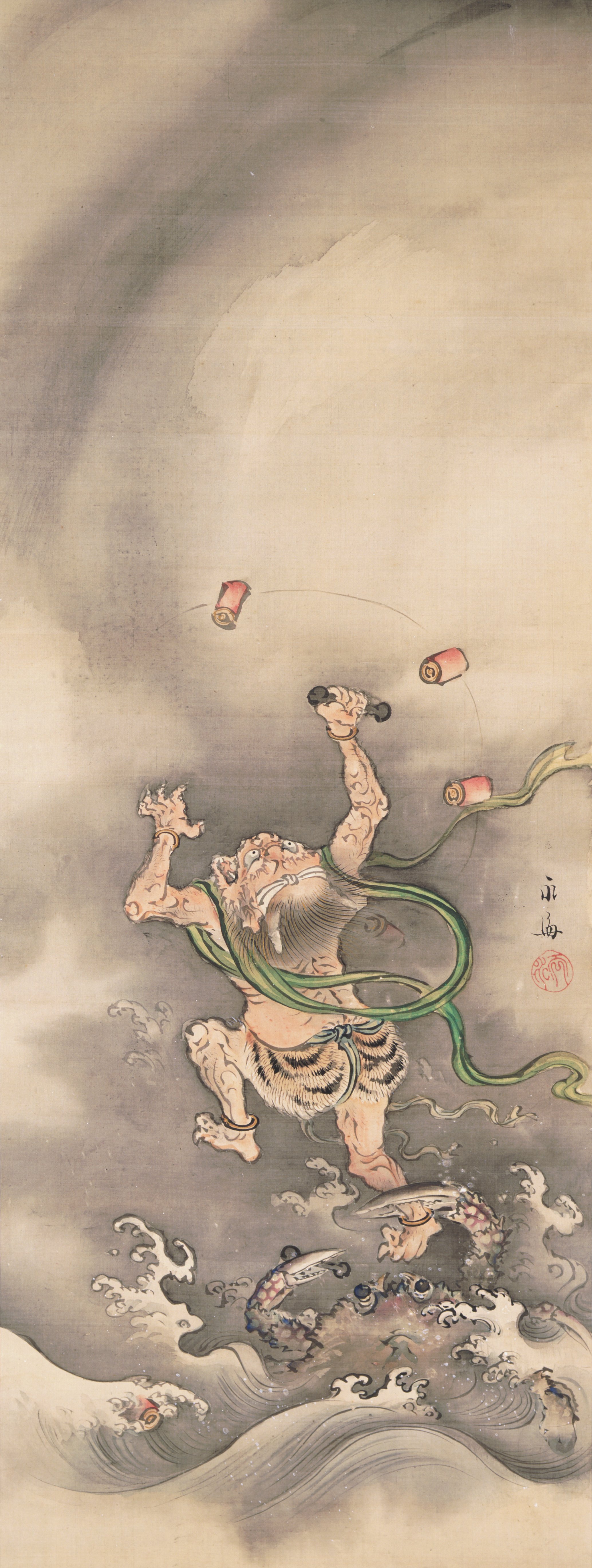 God of Thunder captured by a crab [right of the pair Gods of Wind