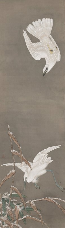 Gyrfalcon Hunting an Egret in Snow, Ohara Keizan, early 18th century