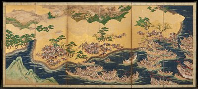 The Battle of Yashima [left of a pair of Scenes from the Tale of the Heike], Kano School, mid 17th century