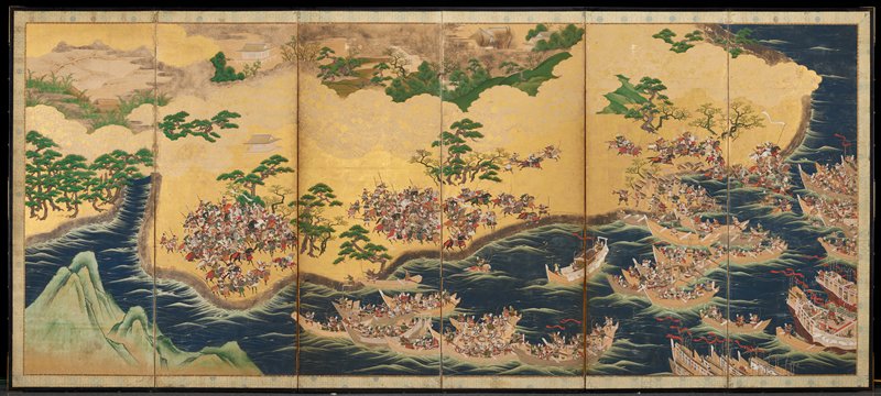 The Battle of Yashima [left of a pair of Scenes from the Tale of the Heike], Kano School, mid 17th century
