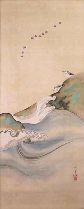 Plovers, Rocks, and Waves, Suzuki Kiitsu, first half 19th century