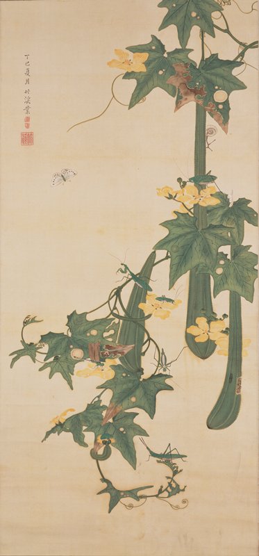 Mantis and Butterfly on Sponge Gourd, Nakabayashi Chikkei, 1857