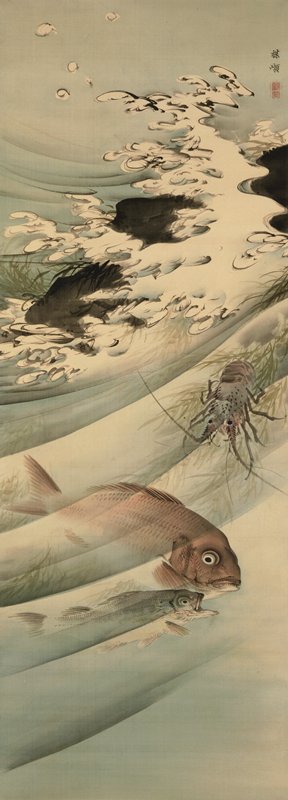 Fish, Lobster, Waves, and Rock, Kōno Bairei, second half 19th century