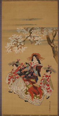 Courtesan with Two Kamuro Under Cherry Blossoms, Utagawa Toyokuni, 1810s