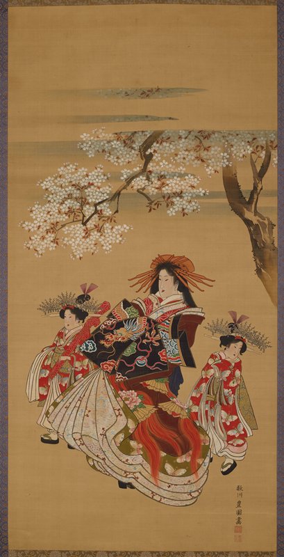 Courtesan with Two Kamuro Under Cherry Blossoms, Utagawa Toyokuni, 1810s