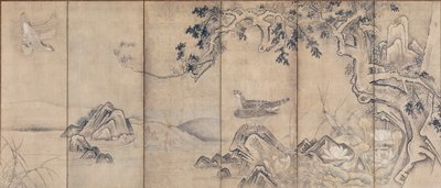 Hawks by a Stream [right of a pair], Soga Nichokuan, mid 17th century