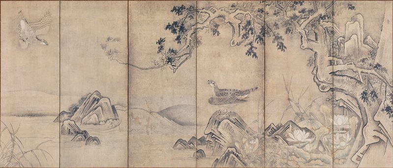 Hawks by a Stream [right of a pair], Soga Nichokuan, mid 17th century