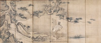 Hawks by a Stream [left of a pair], Soga Nichokuan, mid 17th century