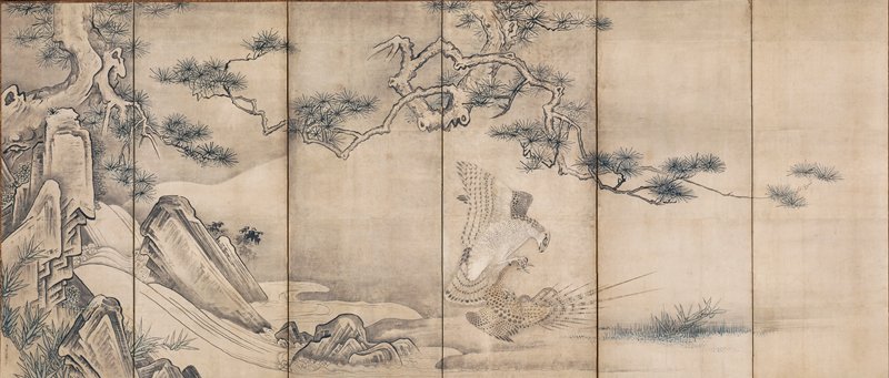 Hawks by a Stream [left of a pair], Soga Nichokuan, mid 17th century