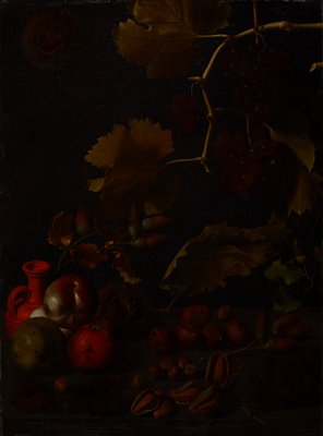 Dokumentasi “Still life with grapes, apples, chestnuts, almonds, acorns and a red clay bottle”; Oil on canvas. Minneapolis Institute of Art.