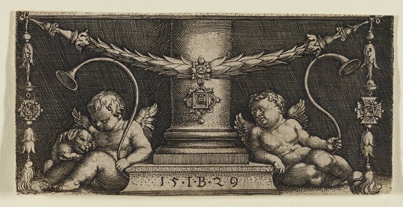 Two Genii Sitting at the Base of a Column (section from The Forge of the Heart), Master I.B., 1529