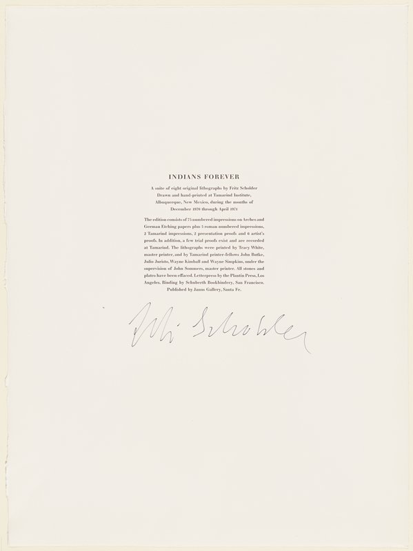 Colophon page from Indians Forever, Fritz Scholder, 1971