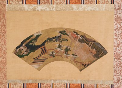 Dokumentasi “Scene from the Butterflies Chapter of the Tale of Genji”; Folding fan, mounted as hanging scroll, ink, color, and gold on paper. Minneapolis Institute of Art.