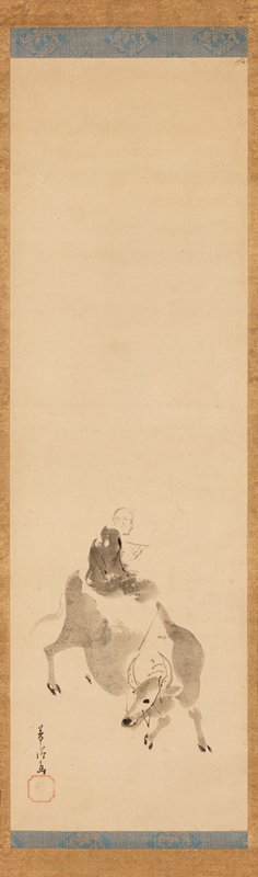 Zhenghuangniu Riding an Ox [left of a pair of Zhenghuangniu and Yushanzhu], Kano Dōun, 17th century