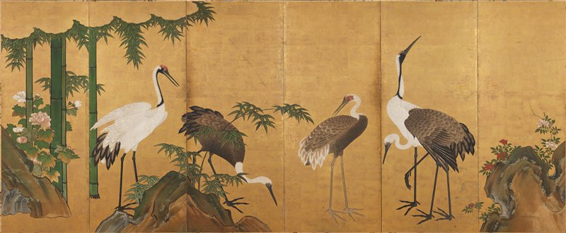 Cranes with Bamboo [left of a pair of Cranes with Pine and Bamboo], Kano School, 18th-19th century